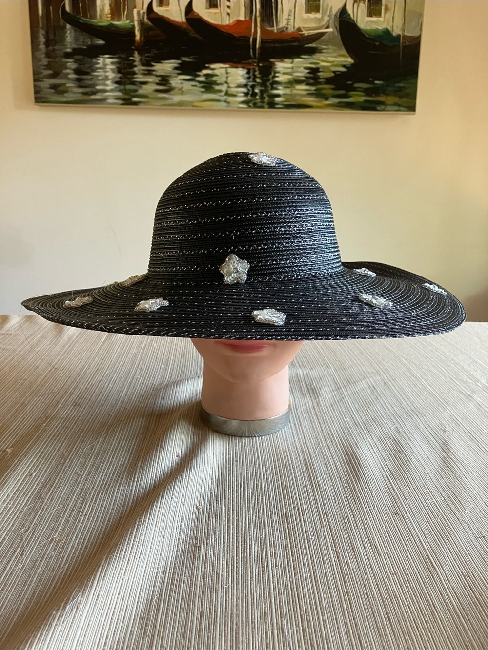 Black and Metallic Silver Wide-Brim Hat with Silver  Sequined Floral Appliqués